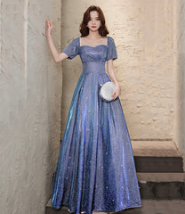 Blue satin long prom dress A line evening dress