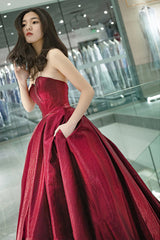 Burgundy satin long prom dress A line evening gown