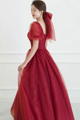 Red tulle long prom dress A line evening dress