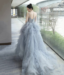 Gray Tulle Spaghetti Strap Long Prom Dress, Gray V-Neck Evening Dress