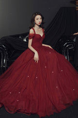 Burgundy tulle long prom dress A line evening dress