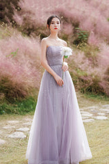 Purple tulle beads long prom dress A line evening dress