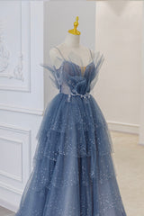 Blue Tulle Beads Long Ball Gown Dress Blue Formal Dress