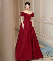 Burgundy satin long prom dress A line evening dress