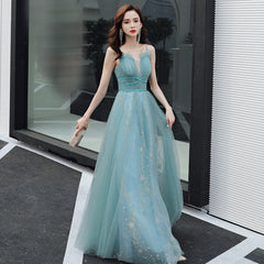 Blue tulle long A line prom dress blue evening dress