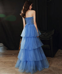 Blue tulle long prom dress blue evening dress