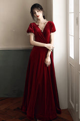 Burgundy velvet long prom dress A line evening dress