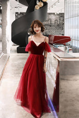 Burgundy velvet tulle long prom dress A line evening dress