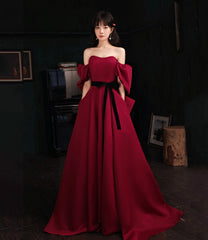 Burgundy satin long prom dress A line evening dress