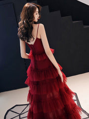 Burgundy tulle long prom gown formal dress