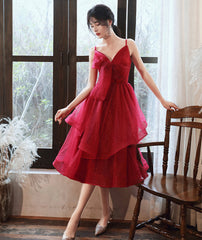 Burgundy v neck tulle sequins prom dress homecoming dress