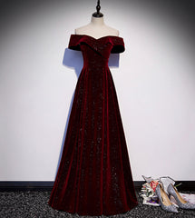 Burgundy velvet long A ling prom dress evening dress