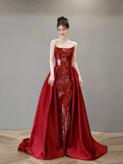 Burgundy Satin Sequins Long Prom Party Dress