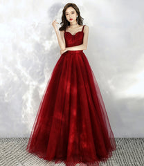 Burgundy tulle long A line prom dress evening dress