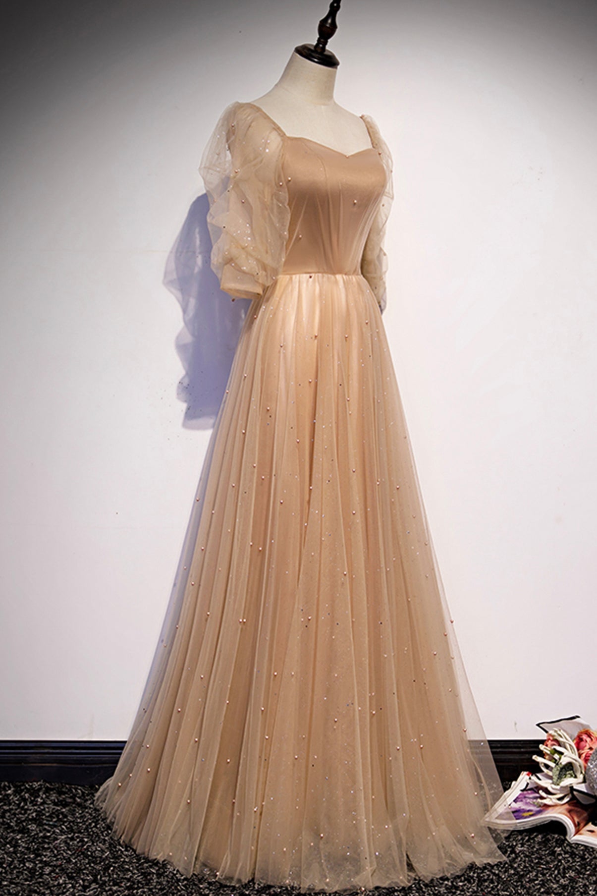 Bridesmaid Dress Gold, Cute Tulle Long Prom Dresses, A-Line Evening Dresses