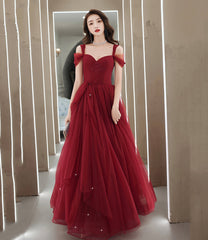 Burgundy tulle long prom dress A line evening dress