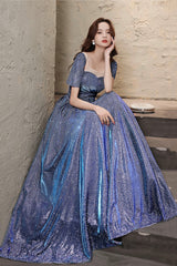 Blue satin long prom dress A line evening dress