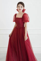 Red tulle long prom dress A line evening dress