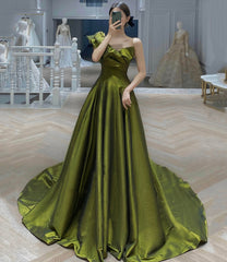 Green satin long prom dress A line evening dress