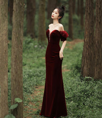 Burgundy Velvet Long Prom Dress with Pearls, Mermaid Off Shoulder Evening Party Dress