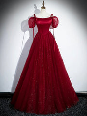 Burgundy Satin Tulle Floor Length Prom Party Dress