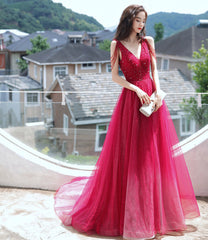 Red tulle beads long prom dress red evening dress