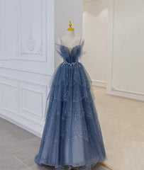 Blue Tulle Beads Long Ball Gown Dress Blue Formal Dress