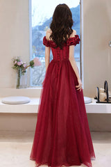 Burgundy tulle beads long prom dress evening dress