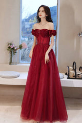 Burgundy tulle beads long prom dress evening dress