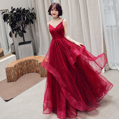 Burgundy v neck tulle long prom dress, formal dress