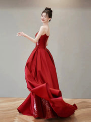 Burgundy Satin Sequins Long Prom Party Dress