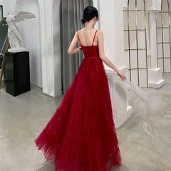 Burgundy tulle long prom dress, evening dress