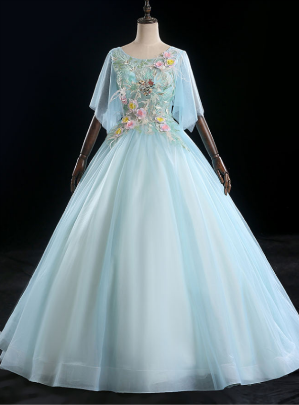 Find Your Dress For Prom! Light Blue Ball Gown Tulle Short Sleeve Appliques Quinceanera Dress