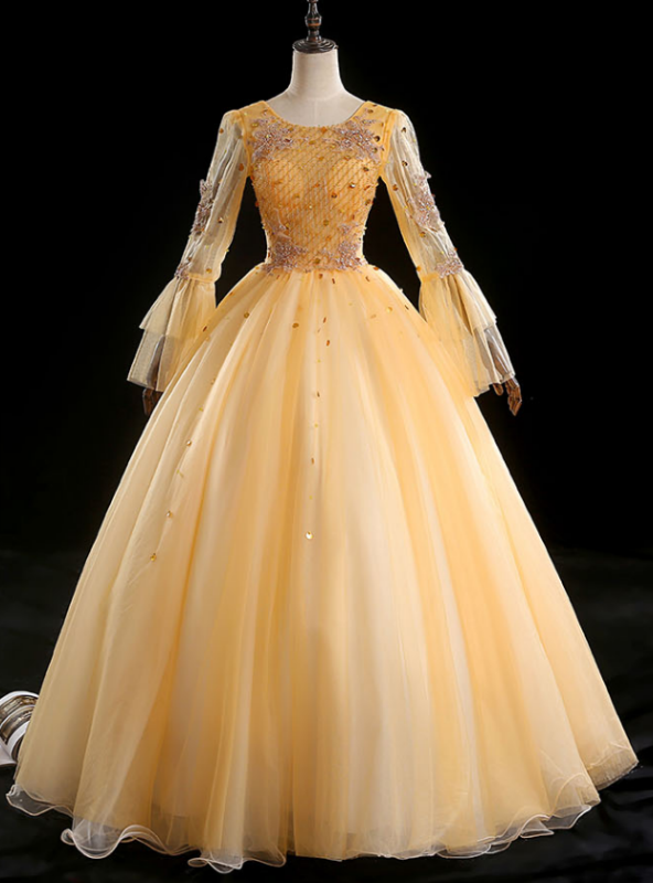 For Your Big Night Gold Ball Gown Tulle Long Sleeve Beading Quinceanera Dress