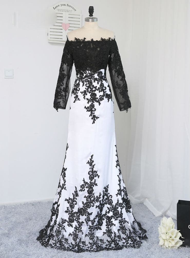 Formal Celebrity Dresses Mermaid Long Sleeves Evening Dress Black White Appliques