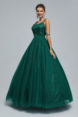 Wedding Aesthetic, Dark Green Lace Up Beading Long Prom Dresses