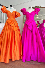 Fuchsia A Line Long Prom Dress with Puff Sleeves