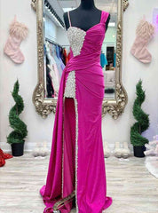 Fuchsia Asymmertrical Beaded Crystal Prom Dress