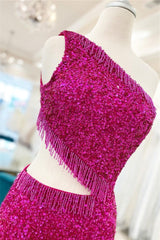 Fuchsia One Shoulder Lace-Up Sequins Homecoming Dress with Tassels