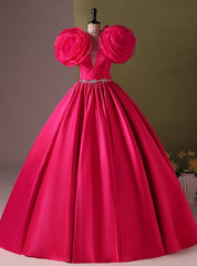 Fuchsia Satin Flower Beading Quinceanera Dress