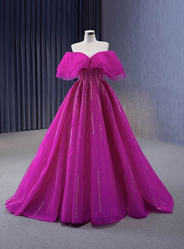 Fuchsia Tulle Beading Off the Shoulder Prom Dress