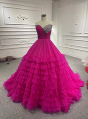 Fuchsia Tulle Sweetheart Beading Prom Dress