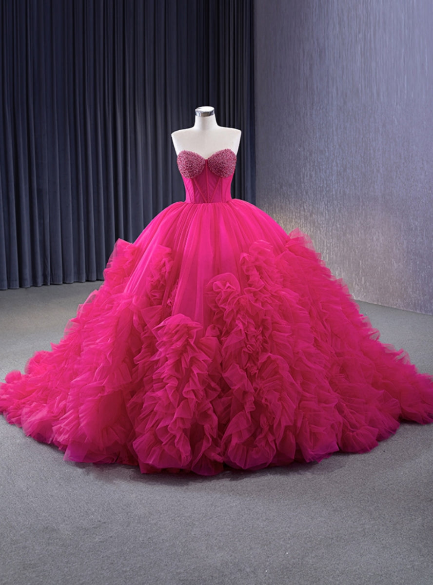 Fuchsia Tulle Sweetheart Neck Pearls Prom Dress