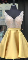 Prom Dresses Styles, V Neck Beaded Satin Homecoming Dress With Pocket