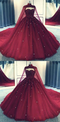 Prom Dressed Short, Glam Ball Gown Quinceanera Dress Lace Applique Beaded Cape, Wine Red Formal Dress Party Gowns