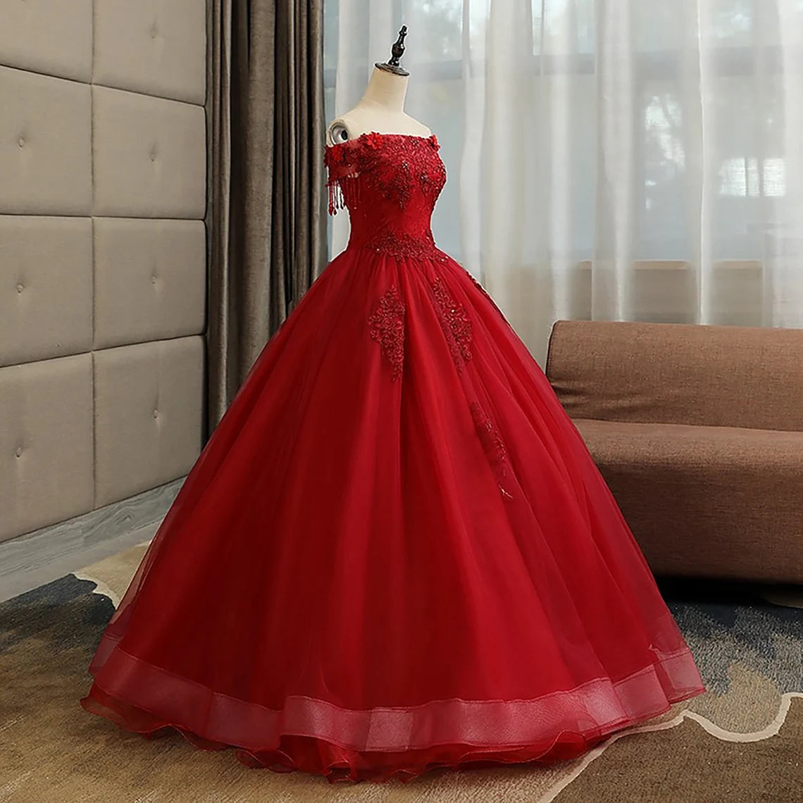 Formal Dress Off The Shoulder, Glam Wine Red Quinceanera Dress Party Dress, Tulle Long  Embroidered with Flowers Formal Dress