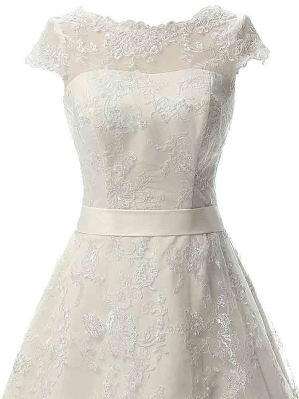 Wedding Dresses Fabric, Glamorous Cap Sleeves Covered Button Ribbon Wedding Dresses