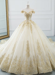 Glamorous Champagne Tulle Lace Appliques Off The Shoulder Wedding Dress