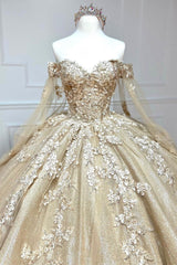 Glamorous Gold Sweetheart Ball Gown with Cape Sleeves Quinceanera Dress