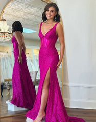 Glitter Fuchsia Mermaid Sweep Train Prom Dress With Slit